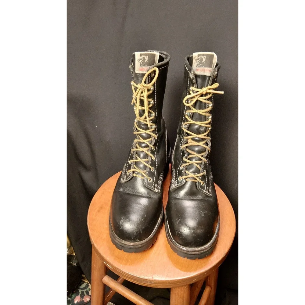 Vintage Wolverine 10in Logger Boots Mens 10.5 E Wide Black Leather Korea 80s 90s